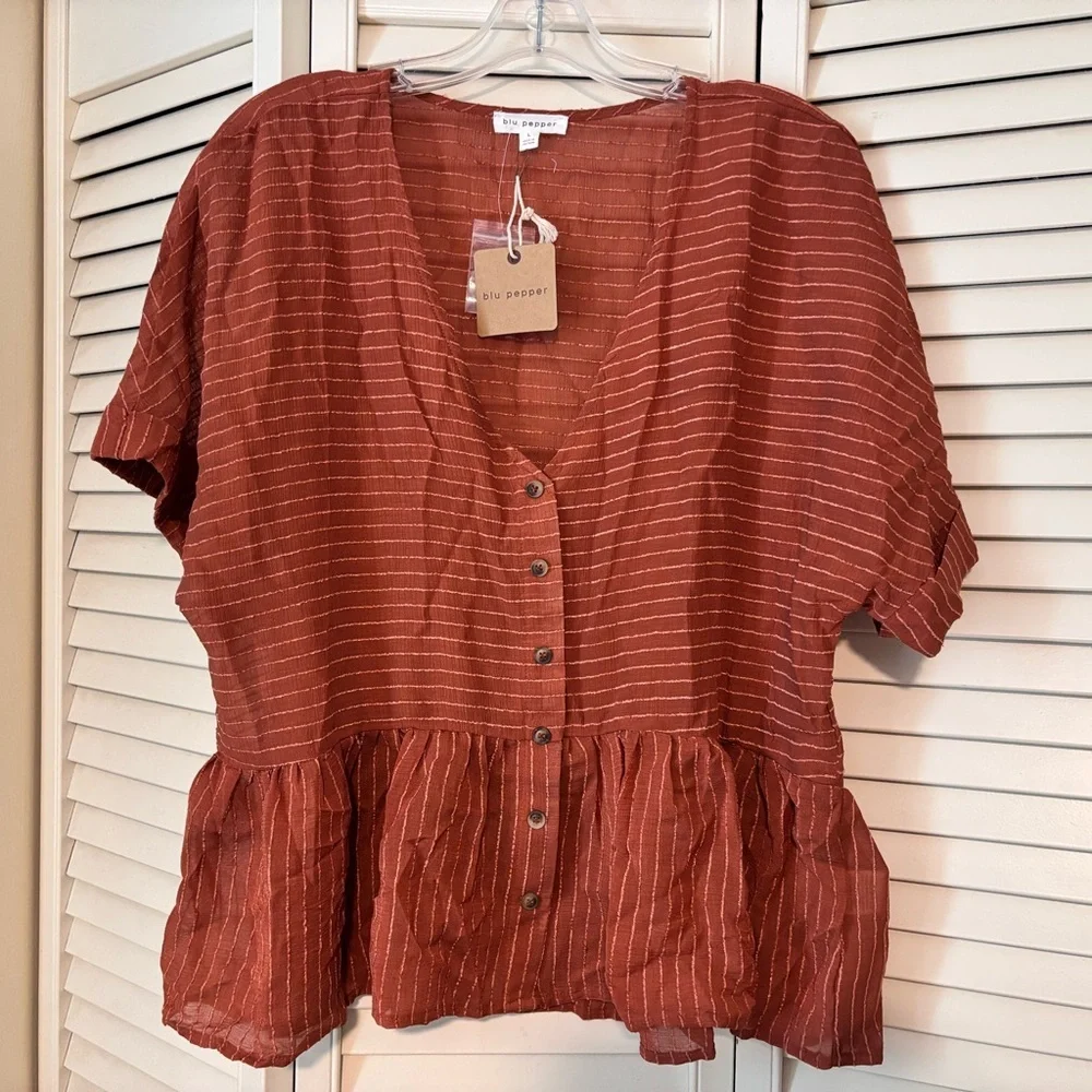 Blu Pepper | Deep Rust Color Button-Up Women's Top | Sz L - Picture 3 of 7